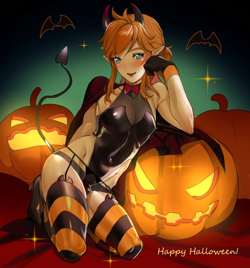 androgynous blue_eyes blush breath_of_the_wild bulge cape crossdressing demon_horns demon_tail femboy feminine_male girly gloves halloween halloween_costume horns incubus jack-o'-lantern link looking_at_viewer male male_only smile solo tail tamatamako the_legend_of_zelda thong trap