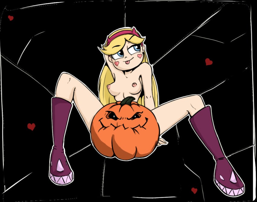 armpits blonde_hair blue_eyes bottomless breasts colorized coloured edit female_only gekasso halloween heart nipples one_arm_up pumpkin smile smiling star_butterfly star_vs_the_forces_of_evil tiara tongue tongue_out topless