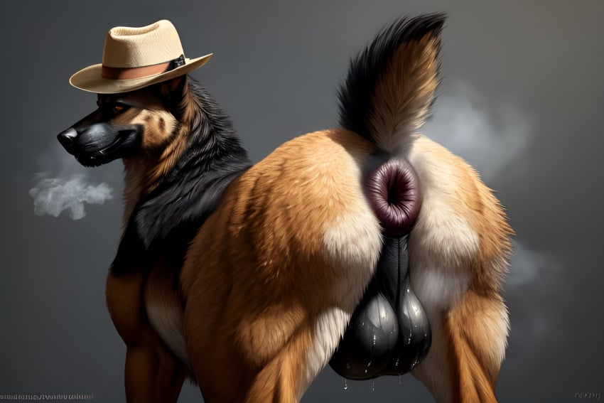 ai_generated anus ass attempted_signature balls big_anus black_balls bodily_fluids breath breath_cloud canid canine canis clothing detailed domestic_dog donut_anus fedora feral fur genitals german_shepherd hat headgear headwear herding_dog hi_res light lighting looking_at_viewer looking_back male mammal multicolored_body multicolored_fur need_wiener_now outside pastoral_dog photorealism photorealistic presenting presenting_anus puffy_anus raised_tail rear_view simple_background snout solo solo_focus sweat sweaty_balls sweaty_genitalia tagme