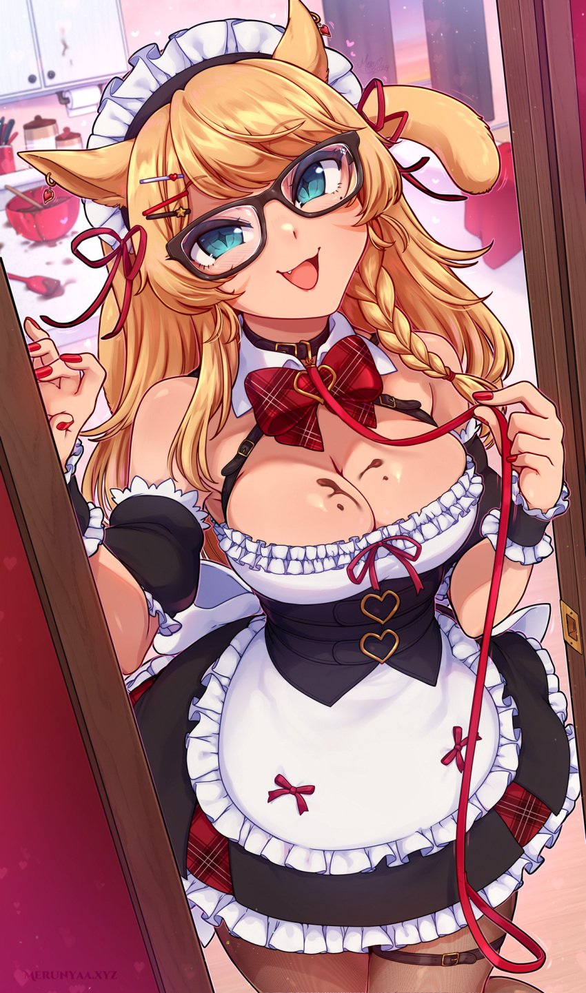 1girls 2d animal_ears artist_name blonde_hair blue_eyes braid cat_ears cat_girl cat_tail cleavage collar cute cute_fang female female_only final_fantasy final_fantasy_xiv fringe fully_clothed glasses kaiyoko_star leash light-skinned_female light_skin maid maid_headdress maid_uniform merunyaa miqo'te mole mole_under_eye nail_polish painted_nails pale-skinned_female pale_skin pantyhose petite petplay ponytail red_nails roleplay seductive_look seductive_smile solo tagme teenager thigh_strap valentine's_day watermark whisker_markings