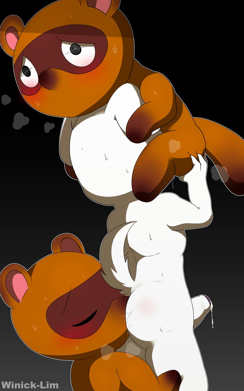 2019 absurd_res anal animal_crossing anthro anthro_on_anthro ass black_background black_eyes blush bodily_fluids breath brown_body brown_fur canid canine canis closed_eyes cum cum_on_penis cum_string domestic_dog double_penetration erection fellatio floppy_ears from_behind_(disambiguation) fur genital_fluids group group_sex hi_res humanoid_penis k.k._slider long_ears male male/male male_only mammal nintendo nude oral orgasm penetration penile penis presenting presenting_hindquarters presenting_penis procyonid raccoon rimming sex simple_background standing sweat threesome timmy_nook tommy_nook uncut video_games white_body white_fur white_penis winick-lim young