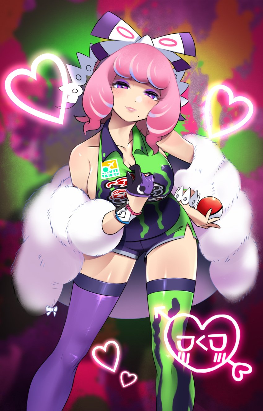 1girls absurdres bare_shoulders big_breasts blush bow breasts cleavage collarbone commentary drill_hair female flipped_hair game_freak gloves hair_ornament hairbow half-closed_eyes heart highres holding holding_poke_ball jacket klara_(pokemon) large_breasts lipstick makeup mole mole_under_mouth nintendo off_shoulder open_clothes open_jacket pink_hair pink_lips poke_ball poke_ball_(basic) pokemon pokemon_ss print_shirt print_shorts print_thighhighs purple_eyes shaded_face shirt short_hair short_shorts shorts sideboob single_glove sleeveless sleeveless_shirt smile solo standing thighhighs tm_(hanamakisan) twin_drills