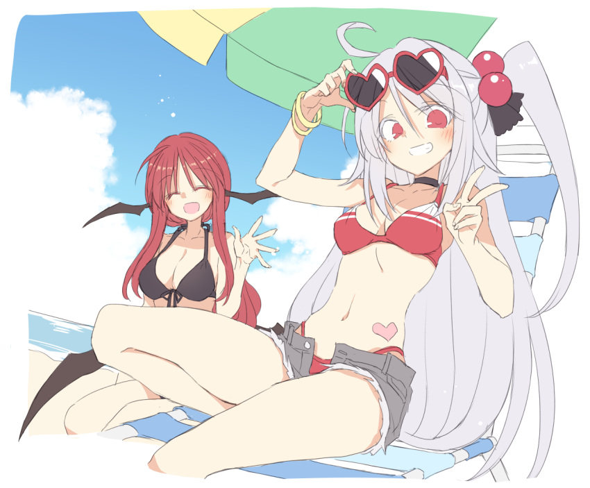 2girls :d ^_^ ahoge alternate_costume bat_wings beach beach_chair beach_umbrella bikini black_bikini black_bow black_shorts blush border bow bracelet breasts choker cleavage closed_eyes cloud collarbone colored_eyelashes cropped_legs dot_nose dutch_angle female front-tie_top goddess grey_hair hair_between_eyes hair_bobbles hair_ornament hairbow head_tilt head_wings heart heart-shaped_eyewear highleg highleg_bikini jewelry koakuma large_breasts light_particles long_hair looking_at_viewer low_wings medium_breasts multiple_girls navel open_mouth outdoors red_bikini red_eyes red_hair satou_kibi shinki_(touhou) short_shorts shorts side_ponytail sidelocks sitting sky smile striped_bikini striped_clothes succubus sunglasses sunglasses_on_head swimsuit swimsuit_under_clothes touhou touhou_(pc-98) umbrella unbuttoned v very_long_hair water waving white_border wings