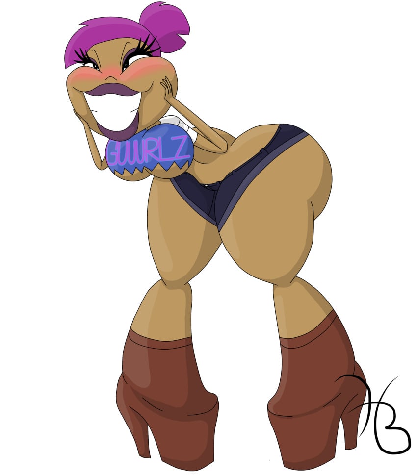 bimbo_lips dollification enid female guuurlz high_heels holdthebutter hourglass_figure huge_ass huge_breasts implied_transformation lips makeup ok_k.o.!_let's_be_heroes permanent_smile post_transformation revealing_clothes smile thick_lips thick_thighs transformation wide_hips