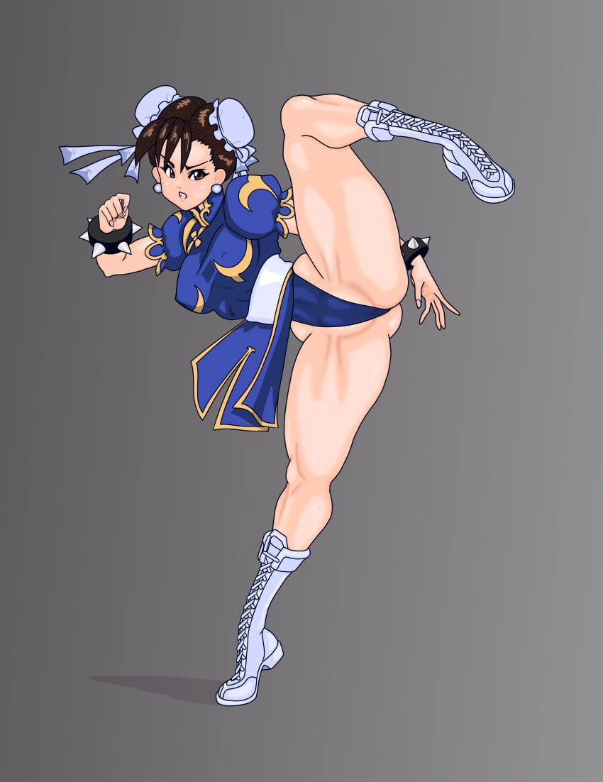 ass ass_from_the_front blue_dress boots butt butt_from_the_front chun-li dress female female_focus female_only kick kicking leg_raised nipple_bulge potan raised_leg spread_legs street_fighter thighs white_boots