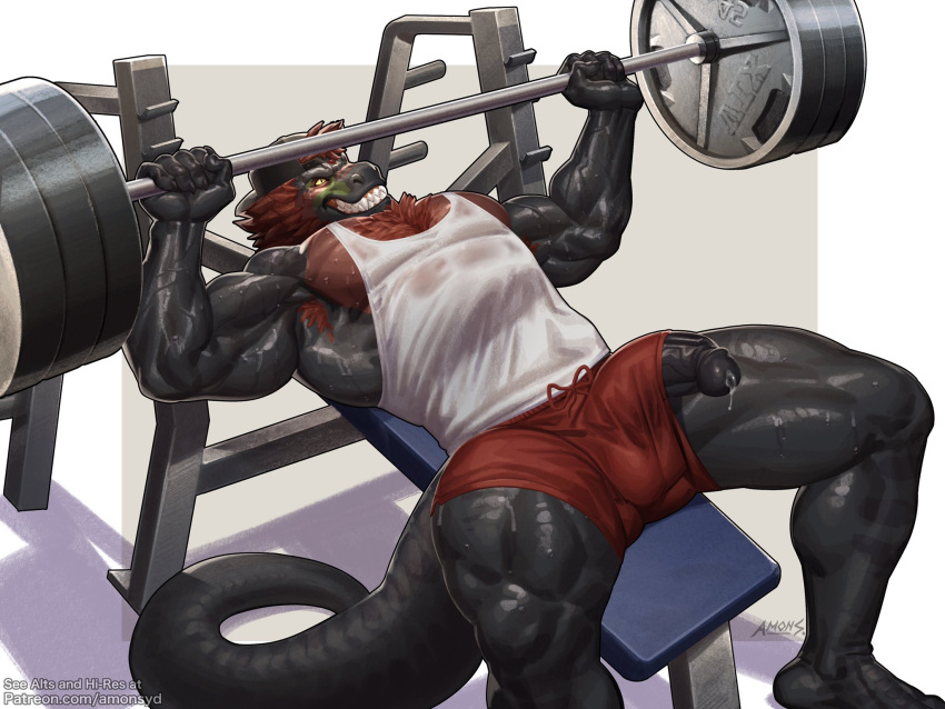 1boy 2024 amon-sydonai anthro armpit_hair backwards_baseball_cap backwards_hat balls_outline barazoku barbell barefoot baseball_cap bench biceps big_bulge big_muscles big_penis bodily_fluids body_hair border bottomwear bulge chest_hair claws clenched_teeth clothed clothing detailed_bulge dinosaur erection erection_under_clothing exercise feet genital_fluids genital_outline genitals grey_background hair hat headgear headwear hi_res huge_muscles humanoid_genitalia humanoid_penis lying male male_only manly muscular muscular_anthro muscular_male obliques on_back pecs penis poking_out precum quads reptile scales scalie shadow shirt shorts signature simple_background smile solo solo_male sweat tagg tank_top teeth text theropod thick_penis thick_thighs topwear triceps tyrannosaurid tyrannosaurus tyrannosaurus_rex url vein weight_bench weightlifting white_border workout