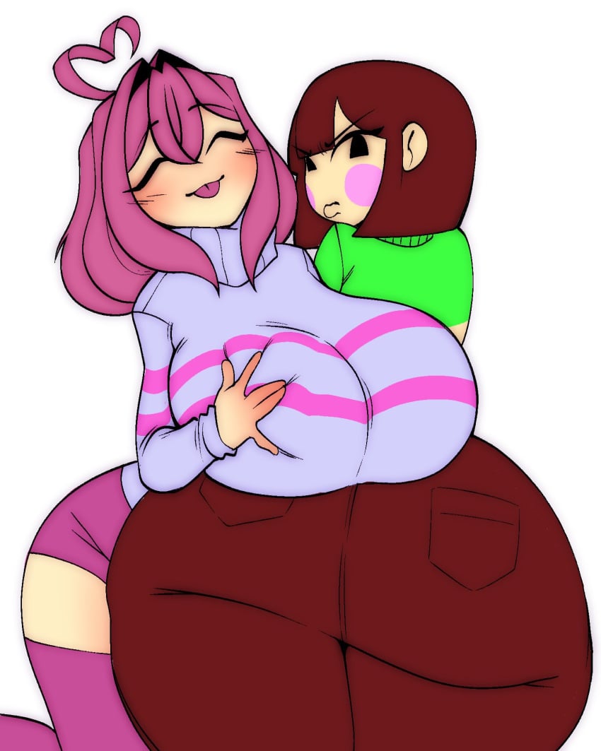 2girls 5hitzzzu annoyed ass ass_focus big_ass big_breasts blush boombita breasts chara charisk female female_chara female_frisk female_only frisk funcu funculicious happy jeans meatcuteshii mirror_frisk multiple_girls pink_hair pinkbobatoo skiddioop stereodaddy stockings striped_sweater sweater thick_thighs thighs tongue_out undertale undertale_(series)