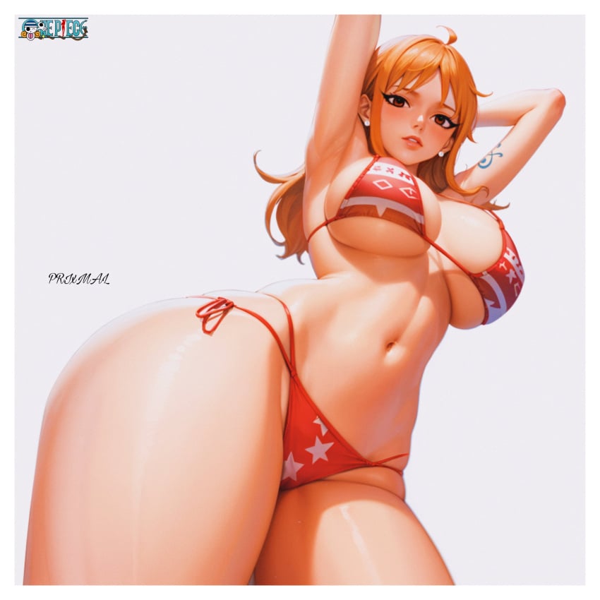 1girls ai_generated big_breasts clothed clothing color female female_focus female_only hi_res large_breasts light-skinned_female light_skin long_hair looking_at_viewer nami nami_(one_piece) one_piece orange_eyes orange_hair post-timeskip prixmal shounen_jump solo solo_female tagme tattoo thick_thighs