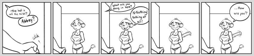 anthro black-kitten blush breasts clothed clothing comic dialogue digital_media_(artwork) dildo duo english_text felid female fur hair hi_res lion long_image mammal midriff navel offscreen_character pantherine sex_toy shirt speech_bubble tail tail_tuft tank_top text topwear tuft wide_image