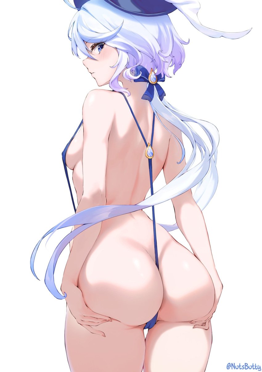 1girls ass ass_focus ass_grab ass_support back_view big_ass bikini blue_eyes blue_hair blush breasts female female_only from_behind furina_(genshin_impact) genshin_impact hat high_resolution highres light-skinned_female light_skin long_hair looking_at_viewer looking_back nutsbutty rear_view sideboob sling_bikini slingshot_swimsuit small_breasts solo standing swimsuit white_background