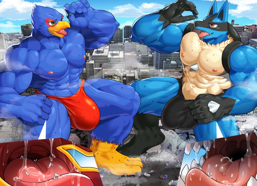 absurd_res avian bird blue_body bodily_fluids building bulge bus canid canine car city clothing cloud commercial_vehicle destruction detailed_bulge duo falco_lombardi generation_4_pokemon genital_outline hi_res lucario macro male male_pred mammal mayar mouth_shot muscular muscular_male nintendo open_mouth pokemon pokemon_(species) saliva sitting speedo star_fox swimwear tongue tongue_out vehicle vore