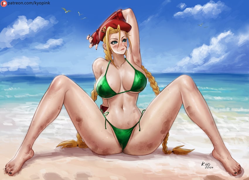 1girls ass ass bare_arms bare_legs bare_shoulders bare_thighs beach big_breasts bikini bikini_bottom bikini_top blonde_hair blue_eyes blush cammy_white capcom clothed clothing color female female_focus female_only hi_res kyopink large_breasts light-skinned_female light_skin long_hair looking_at_viewer sand scar sea solo solo_female street_fighter tagme thick_thighs water