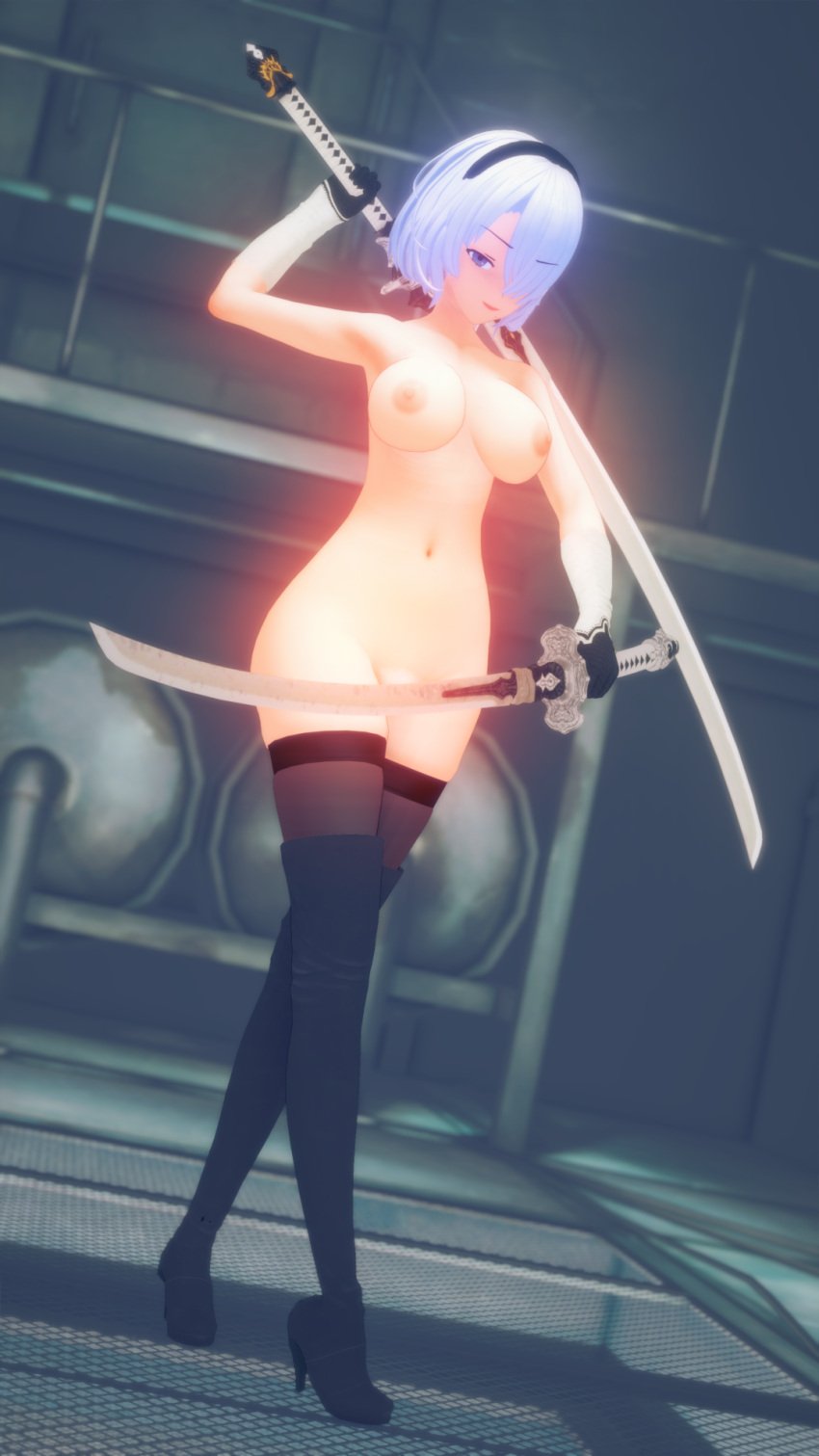 1girls android big_ass big_breasts blue_eyes blue_hair female female_only katana koikatsu nier:_automata nipples nude_female pinup pinup_pose pov_eye_contact strategically_covered sword tenguyurilove thick_thighs white_hair yorha_2b