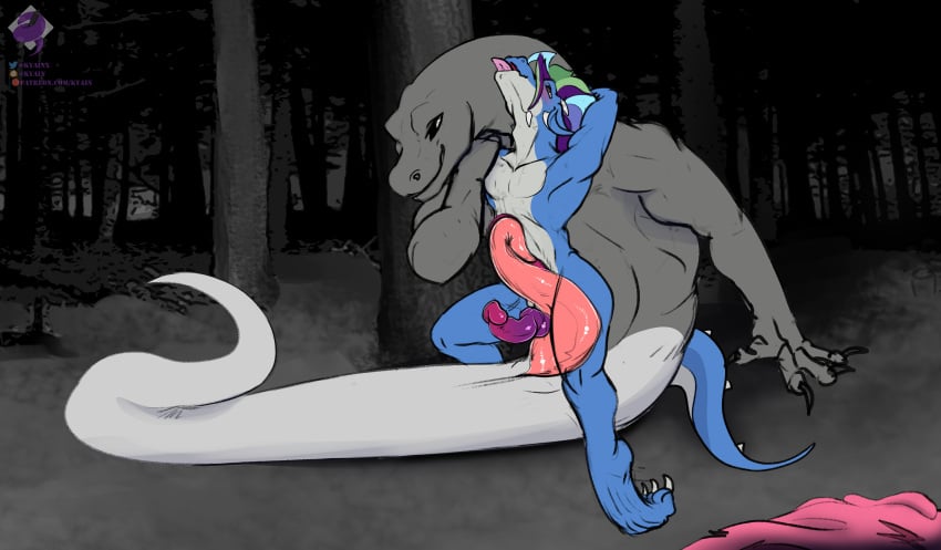 absurd_res anthro apode blue_body blue_skin clothing draconcopode dragon duo forest forest_background gay genitals gradient_penis hi_res highlights_(coloring) internal kyain legless male male_penetrated mythological_creature mythological_scalie mythology naga nature nature_background penis pink_penis plant prehensile_penis prehensile_tail reptile scalie serpentine snake stomach_bulge tail torn_clothing tree x-ray