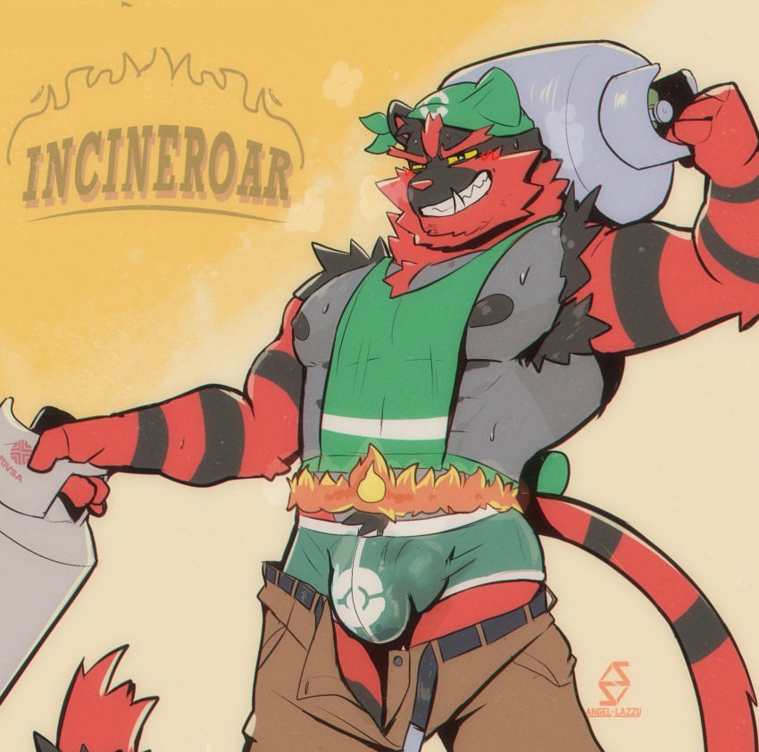 angel_lazzu clothed clothing erection erection_under_clothes furry furry_only gas_canister incineroar male male_only nipples pants_down pokemon red_body smile striped_body sweat sweatdrop sweating tail teeth underwear