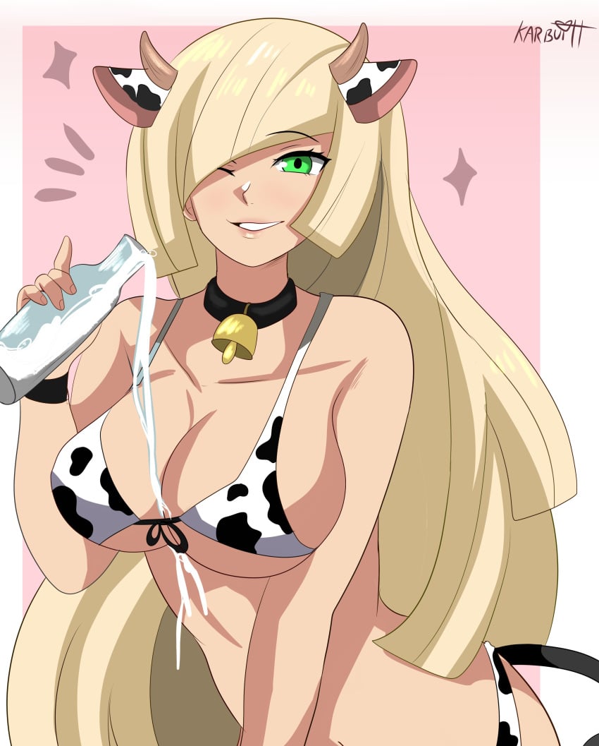 1girls absurd_res between_breasts bikini blonde_hair cow_ears cow_horns cow_print cow_print_bikini cowbell female female_only green_eyes hair_over_one_eye karbuitt long_hair looking_at_viewer lusamine_(pokemon) milk milk_bottle milk_on_breasts nintendo pokemon pokemon_sm smiling smiling_at_viewer solo spilled_milk wink winking_at_viewer