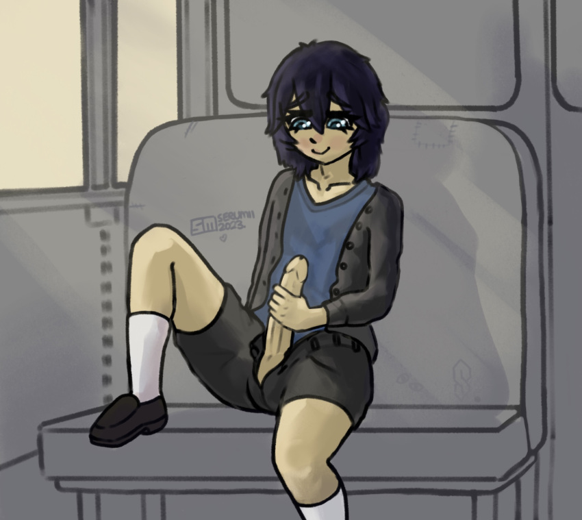 1boy avery(serumii) big_penis blue_eyes clothed clothing dark_hair femboy kneesocks masturbation public public_masturbation public_transportation serumii shorts solo solo_male stealth_masturbation