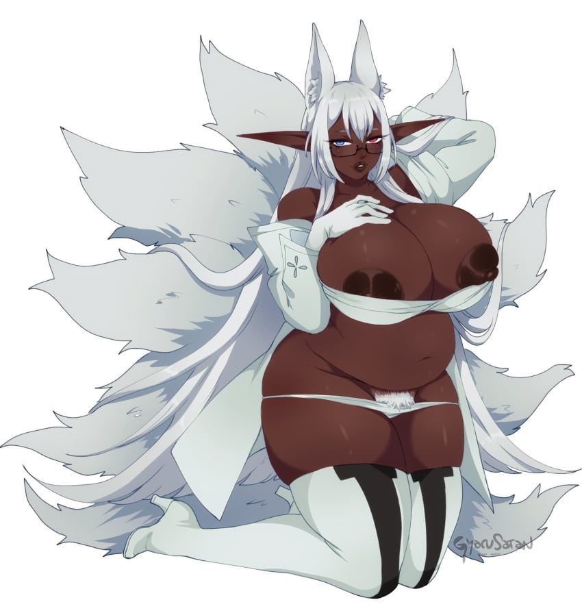 1girls areolae big_breasts blue_eyes breasts chubby commission dark-skinned_female dark_skin female female_only fox_ears fox_girl fox_tail glasses gyarusatan heterochromia hi_res high_heel_boots huge_breasts kitsune kitsunemimi kneeling long_hair looking_at_viewer multiple_tails narrowed_eyes nipples pointy_ears pubic_hair red_eyes thick_thighs thigh_squish white_background white_hair white_pubic_hair wide_hips