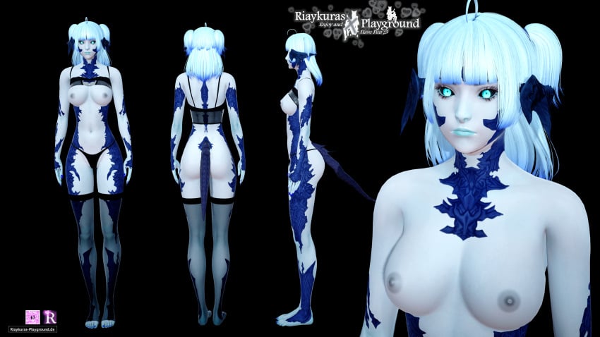 3d au_ra azurauge black_background black_legwear black_lingerie black_stockings blue_body blue_eyes blue_lips blue_lipstick blue_skin breasts character_sheet female female_only final_fantasy final_fantasy_xiv hi_res high_resolution highres lingerie multiple_poses nipples only_female picture qr_code riaykuras_playground scales self_upload simple_background stockings underwear