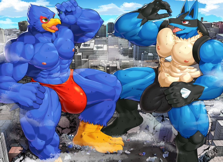 absurd_res anthro avian bird blue_body bodily_fluids building bulge bus canid canine car city clothing cloud commercial_vehicle destruction detailed_bulge duo english_text falco_lombardi generation_4_pokemon genital_outline hi_res lucario macro male male_pred mammal mayar muscular muscular_male nintendo pokemon pokemon_(species) saliva sitting speedo star_fox swimwear text tongue tongue_out vehicle vore