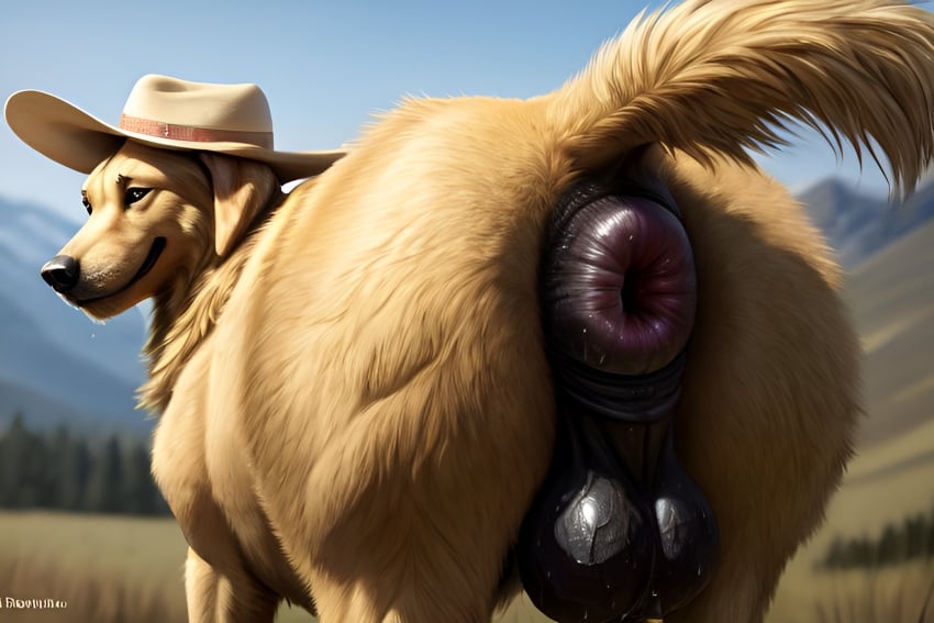 ai_generated anus ass attempted_signature balls big_anus big_butt bird_dog black_anus black_balls blurred_background bodily_fluids canid canine canis clothing cowboy_hat detailed detailed_anus domestic_dog feral fur genitals golden_retriever hat headgear headwear hi_res hunting_dog light lighting looking_at_viewer looking_back male mammal nature nature_background need_wiener_now outside photorealism photorealistic presenting presenting_anus puffy_anus raised_tail rear_view retriever snout solo solo_focus sweat sweaty_balls sweaty_genitalia vein veiny_balls yellow_body yellow_fur