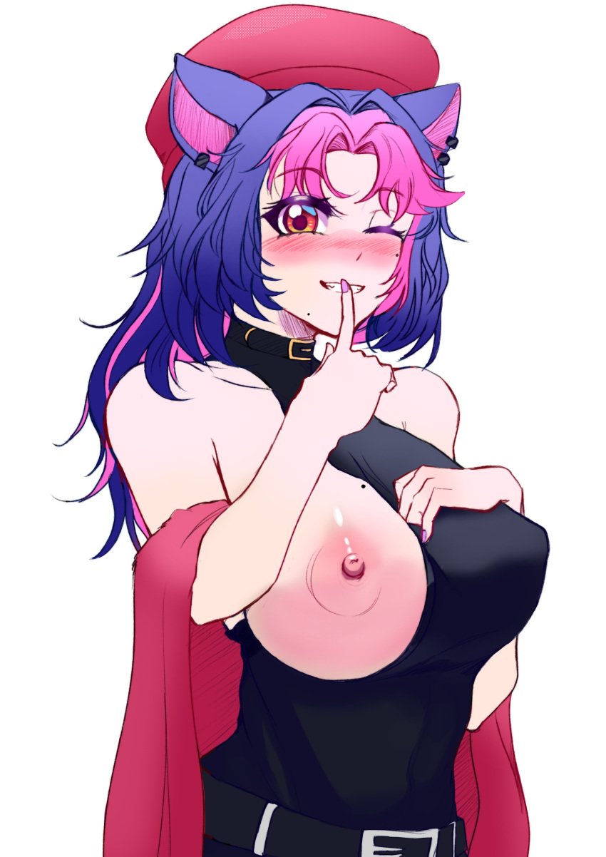 1girls alternate_costume animal_ears beret big_breasts blue_hair blush catgirl female female_focus female_only highres hispanic_virtual_youtuber horny_wary huge_breasts indie_virtual_youtuber latam_virtual_youtuber light-skinned_female light_skin long_hair looking_at_viewer mole mole_on_breast mole_under_eye mole_under_mouth one_eye_closed panther_girl pink_beret pink_hair pink_nails showing_breasts shura_hiwa silence_gesture simple_background smiling smiling_at_viewer standing two_tone_hair virtual_youtuber vjin vtuber vtuberfanart white_background