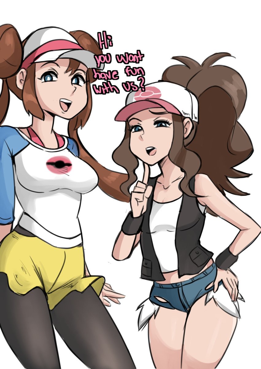 2girls alternate_breast_size blue_eyes brown_hair clothing comic dialogue english english_text female hat hilda_(pokemon) human human_only imminent_sex long_hair nintendo pantyhose pokemon pokemon_bw pokemon_bw2 ponytail reach025 rosa_(pokemon) shorts source_request tank_top text thick_thighs thigh_gap visor visor_cap white_background wide_hips