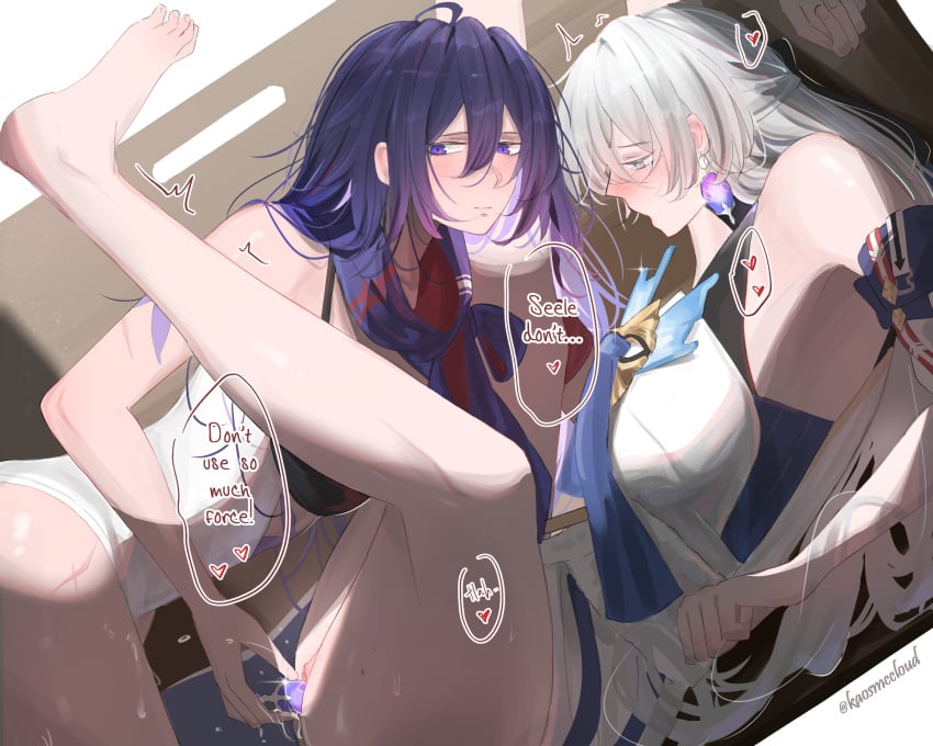 2girls ahoge bare_shoulders barefoot blush bronya_rand colored_inner_hair earrings female female_only grey_eyes heart highres honkai:_star_rail honkai_(series) jewelry kaosmccloud long_hair multicolored_hair multiple_girls object_insertion purple_eyes purple_hair pussy scarf seele_(honkai:_star_rail) spoken_heart very_long_hair yuri