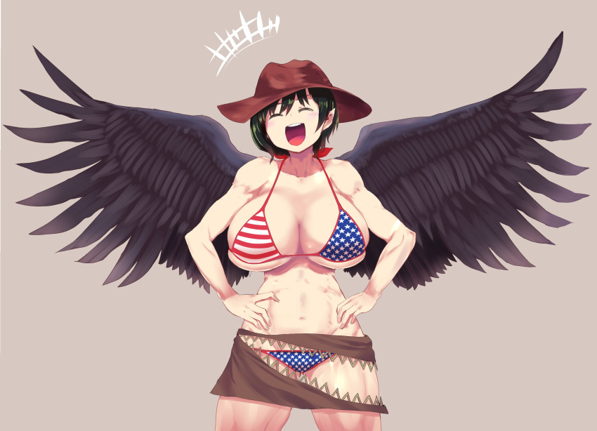 +++ american_flag_bikini american_flag_swimsuit bikini black_hair black_wings blush breasts brown_headwear cleavage closed_eyes collarbone commentary_request cowboy_hat eyelashes feathered_wings female fingernails flag_print gomeifuku grey_background hands_on_own_hips hat highres kurokoma_saki laughing muscular muscular_female navel open_mouth pegasus_wings saki_kurokoma solo standing stomach swimsuit thick_thighs thighs toned touhou wings