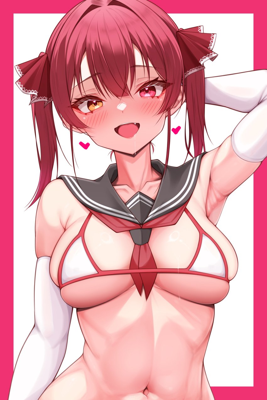 1girls amaki_daisuke armpits blush breasts cleavage elbow_gloves fangs female female_only grey_sailor_collar hair_between_eyes hair_ribbon heart-shaped_pupils heterochromia hololive hololive_fantasy hololive_japan houshou_marine large_breasts long_hair navel open_mouth red_eyes red_hair red_neckerchief red_ribbon solo twintails virtual_youtuber white_bikini white_gloves yellow_eyes