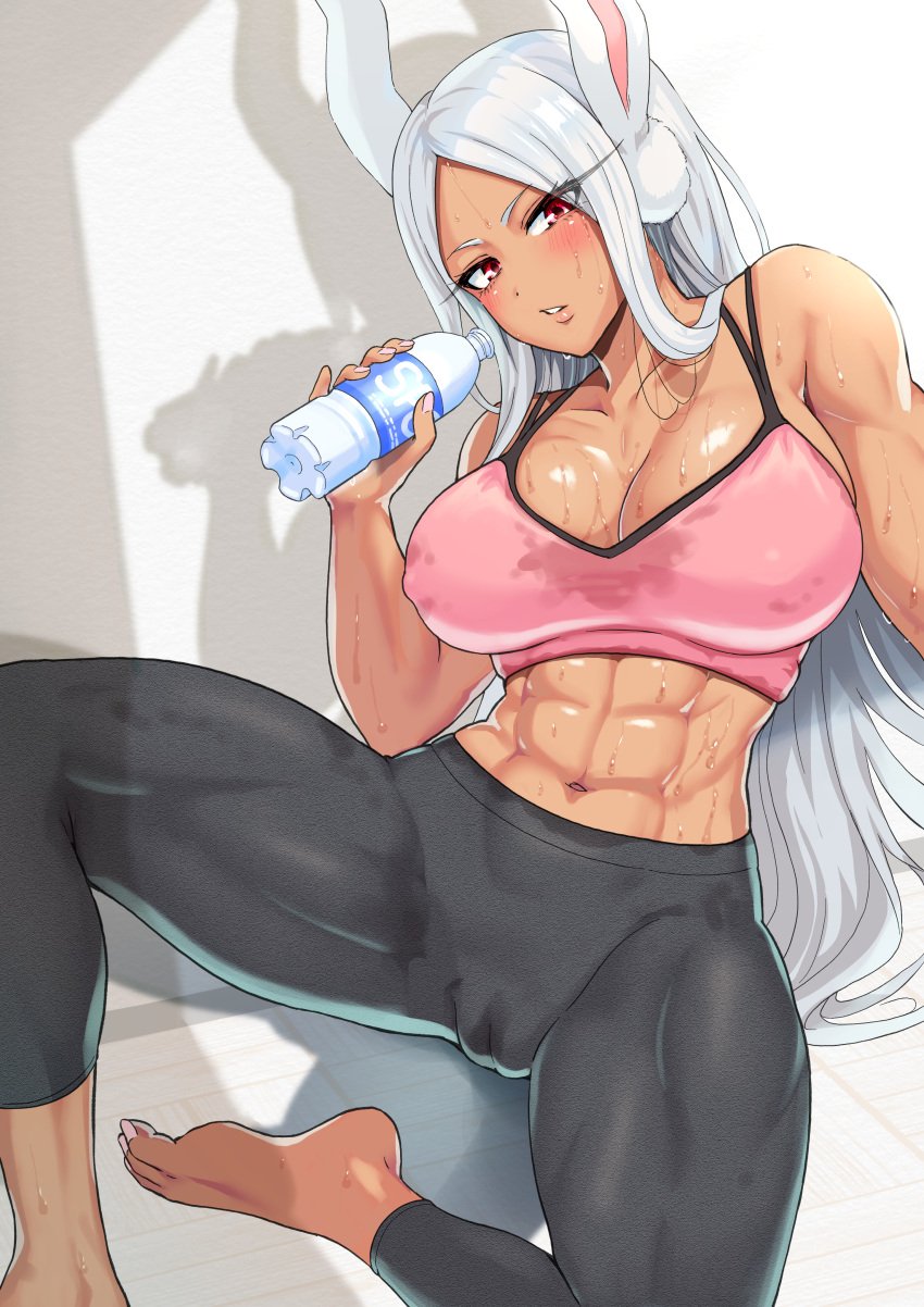 1girls abs absurd_res absurdres animal_ears bare_arms bare_shoulders barefoot black_pants blush boku_no_hero_academia bottle breasts cameltoe cleavage collarbone color cup dark-skinned_female dark_skin feet female harurukan highres holding holding_bottle large_breasts long_eyelashes long_hair looking_at_viewer midriff miruko muscular muscular_female my_hero_academia nail_polish navel pants parted_bangs parted_lips pink_nails pink_sports_bra rabbit_ears rabbit_girl red_eyes rumi_usagiyama shadow shounen_jump sitting solo sports_bra sweat sweat_stain sweating sweating_profusely sweaty sweaty_body sweaty_breasts sweaty_clothes sweaty_face thick_thighs thighs toenail_polish toenails toes very_long_hair water_bottle white_hair yoga_pants