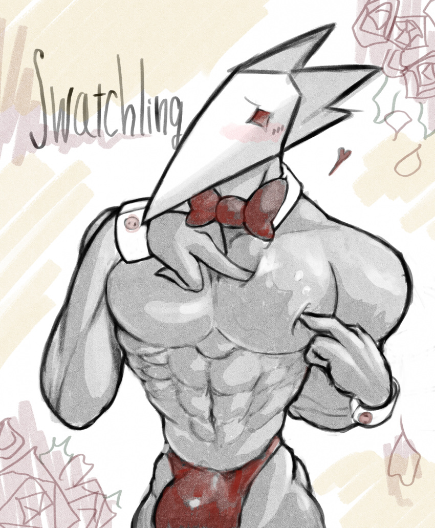 anthro avian bird blush bulge deltarune hi_res male male_only muscular muscular_male pecs solo solo_focus swatchling terato touching_chest undertale_(series)