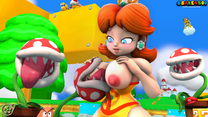 3d 3d_(artwork) 3d_model areola areolae blue breast_sucking breasts brown_hair eyes female female_focus fire_bros. goomba koopa_troopa lakitu mario_(series) nintendo outdoors paratroopa piranha_plant princess_daisy sfm source_filmmaker ssake4500 sucking_nipples super_mario_bros.