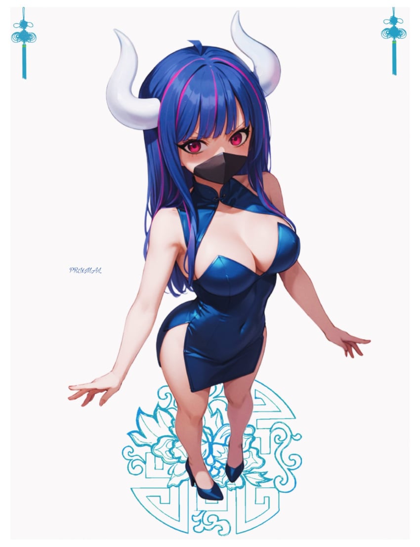 1girls ai_generated big_breasts clothed clothing color dress female female_focus female_only hi_res horns large_breasts light-skinned_female light_skin long_hair looking_at_viewer mask multicolored_hair one_piece pink_eyes prixmal shounen_jump solo solo_female tagme thick_thighs ulti_(one_piece)