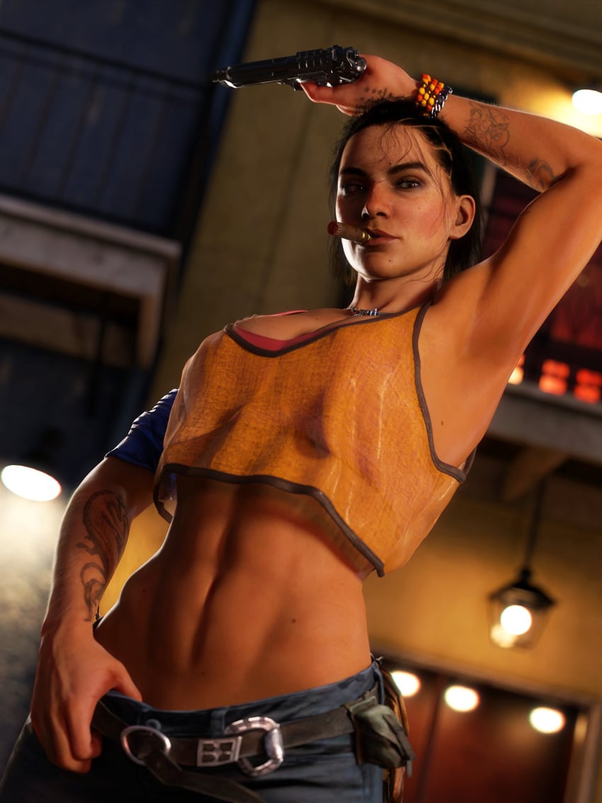 1girls 3d abs armpits beretta_92_(weapon) big_breasts breasts brown_hair bust busty chest curvaceous curvy curvy_figure dani_rojas dani_rojas_(female) far_cry far_cry_6 female female_focus female_only firearm gun handgun hazel_eyes hips hourglass_figure human large_breasts legs light-skinned_female light_skin mature mature_female muscular muscular_female olive_skin slim_waist solo solo_female tan-skinned_female tan_body tan_skin thick thick_legs thick_thighs thighs ubisoft voluptuous waist wide_hips word2 yaran