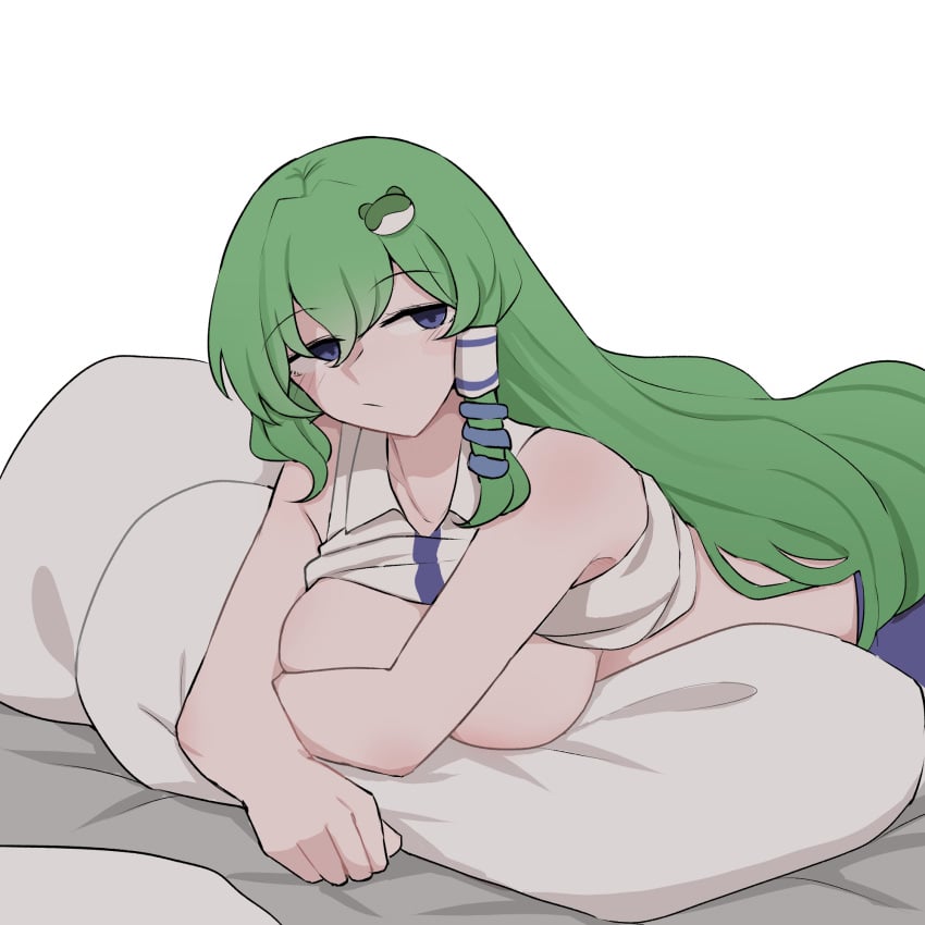 arm_rest blue_eyes blue_skirt breasts closed_mouth clothes_lift collared_shirt convenient_censoring female frog_hair_ornament green_hair hair_ornament half-closed_eyes highres kochiya_sanae large_breasts long_hair lying mata_(matasoup) on_pillow on_stomach sanae_kochiya shirt shirt_lift simple_background single_sidelock skirt sleeveless sleeveless_shirt snake_hair_ornament solo touhou white_background white_shirt