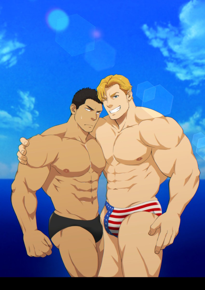 2boys abs absurd_res american_flag_swimsuit ao_isami bang_brave_bang_bravern bara bara_tits barazoku black_hair black_hair_bottom black_male_underwear blonde_hair blonde_hair_on_black_hair blonde_hair_top blue_eyes bodybuilder bulge domination facial_hair feet_out_of_frame gay hi_res large_pectorals lewis_smith light_hair_on_dark_hair male male_nipples male_only male_tights male_underwear masculine medium_sideburns mizuki_gai muscular muscular_male navel nipples no_visible_genitalia one_eye_closed pecs pectoral_docking pectoral_press pectorals short_hair sideburns_stubble smile speedo swimsuit teeth thick_thighs thighs underwear wink yuuki_bakuhatsu_bang_bravern