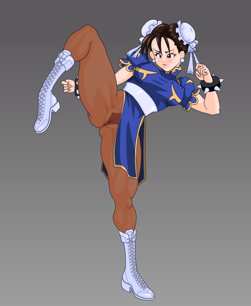 ass ass_from_the_front butt_from_the_front chun-li embarrassed female female_focus female_only going_commando kick kicking leg_raised no_panties pantyhose potan raised_leg spread_legs street_fighter