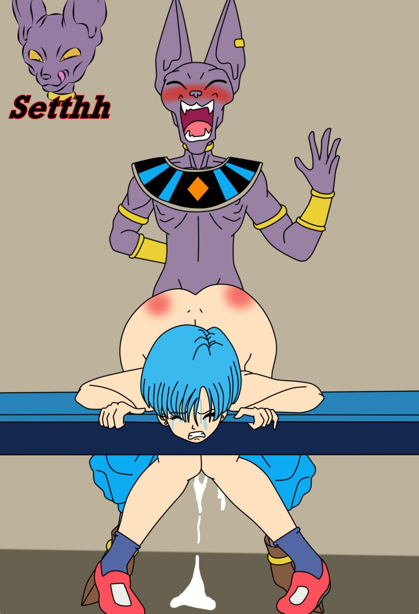 beerus bulma_briefs clenched_teeth cum cum_drip doggy_style dragon_ball dragon_ball_super female forced from_behind_position male setthh98 spank_marks spanking