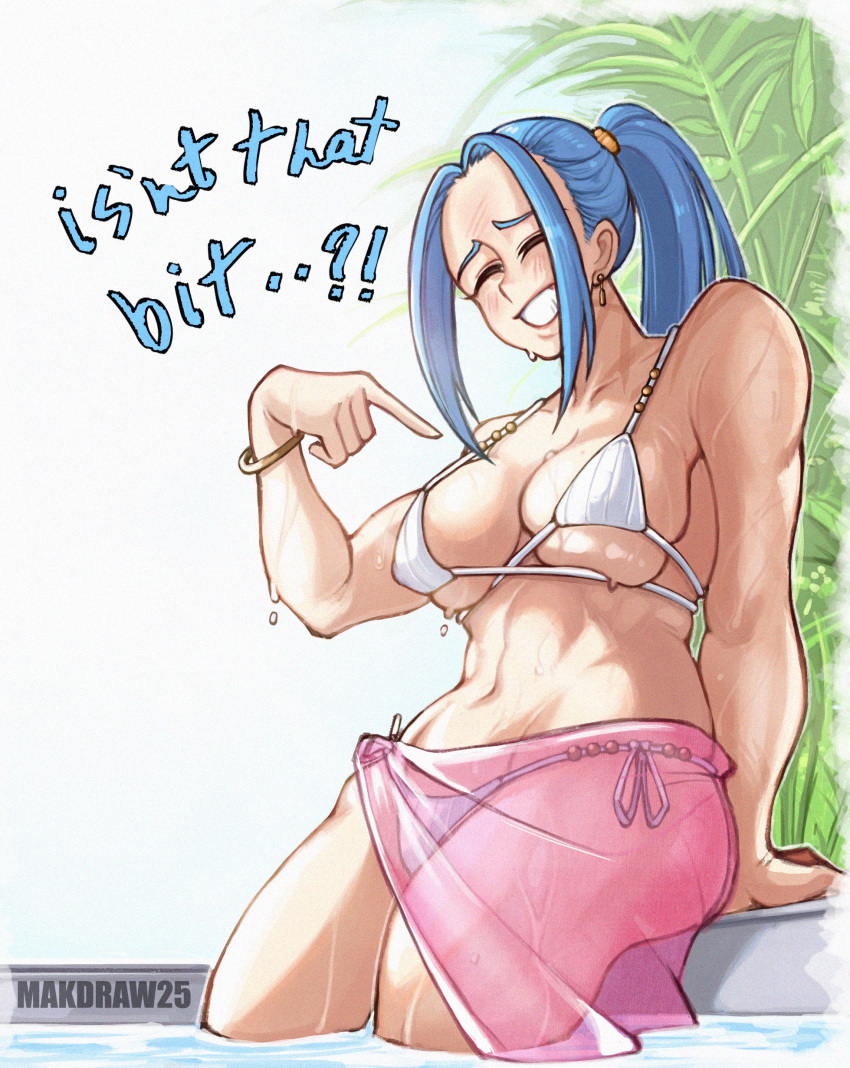 1girls bare_arms bare_legs bare_shoulders bare_thighs big_breasts bikini bikini_bottom bikini_top blue_hair blush clothed clothing color english_text female female_focus female_only hi_res large_breasts light-skinned_female light_skin long_hair makdraw25 nefertari_vivi one_piece pool shounen_jump solo solo_female tagme text thick_thighs water wet