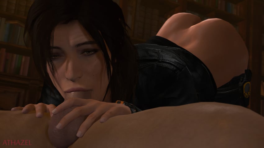 1girls 3d 3d_(artwork) 69 69_position ass ass_up athazel blowjob british brown_eyes brown_hair butt deepthroat deepthroat_holder deepthroat_smile embracer_group european fellatio lara_croft lara_croft_(survivor) leather_jacket library looking_at_viewer oral oral_sex penis petite ponytail seductive_mouth tomb_raider tomb_raider_(survivor) unseen_male_face