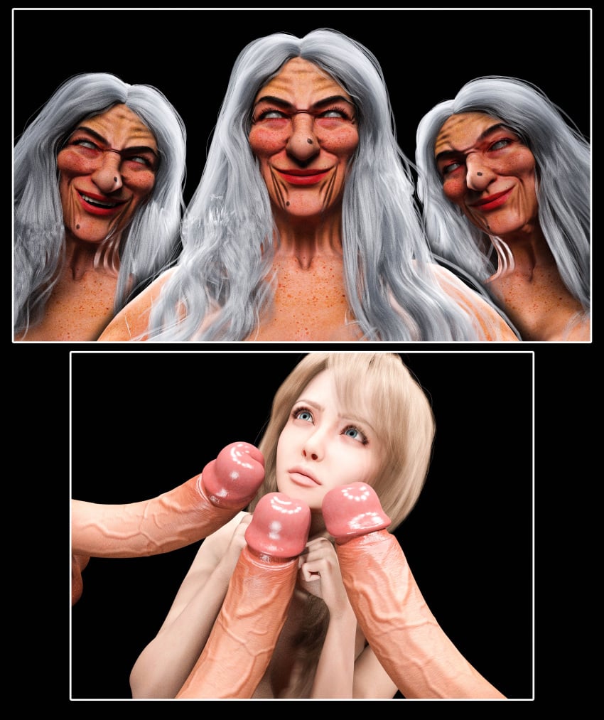 3d 3futas balls big_penis breasts daz_studio female foursome futanari grandmother highres horror imminent_oral misuzalha3d old_lady older_futanari penis render self_upload ugly veiny_penis white_hair witch