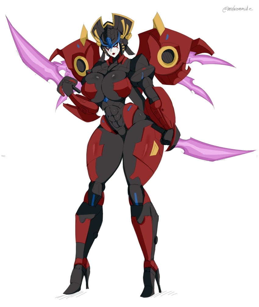 1girls abs autobot big_breasts built-in_high_heels curvy curvy_female curvy_figure female female_autobots female_only giant_breasts heeled_feet high_heels hourglass_figure huge_breasts milwommike revealing_armor robot robot_girl solo sword swords thick_thighs transformers weapon white_background windblade