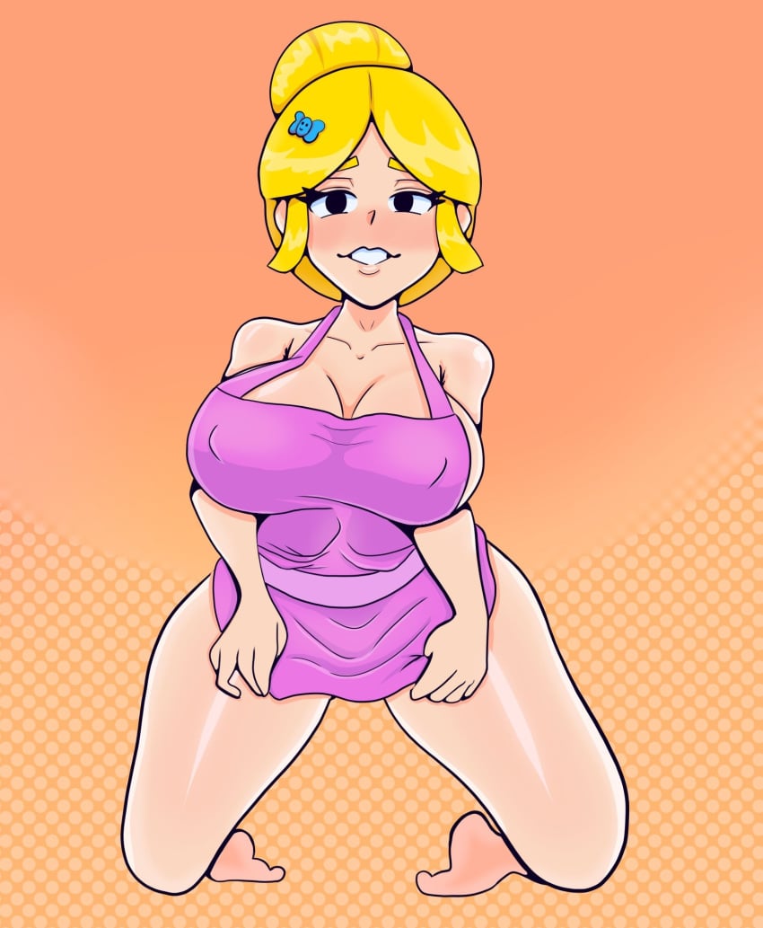 1girls alternate_version_available apron barefoot big_breasts blonde_hair brawl_stars breasts female female_only full_body mrjoke751 on_knees piper_(brawl_stars) short_hair solo solo_female