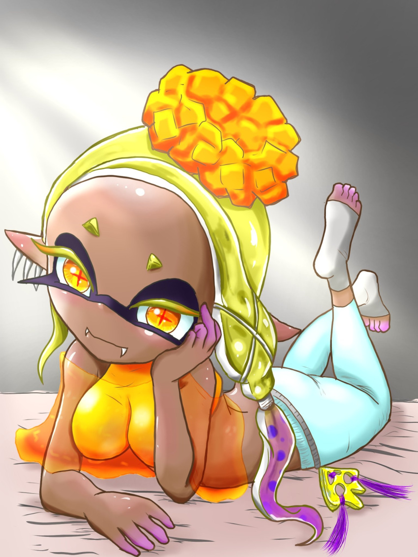 2023 background bed big_breasts black_eyelashes breasts clothed clothing dark-skinned_female dark_skin digital_media_(artwork) dipstick_fingers dipstick_toes ear_piercing eyelashes frye_(splatoon) frye_onaga hand_on_head headwear hi_res humanoid_pointy_ears inkling laying_on_stomach leg_up looking_at_viewer nintendo pointy_eared_humanoid pointy_ears sharp_teeth smile smiling_at_viewer socks splatoon splatoon_(series) splatoon_3 t2ukmyjm white_pants yellow_eyebrows yellow_eyelashes yellow_eyes yellow_hair