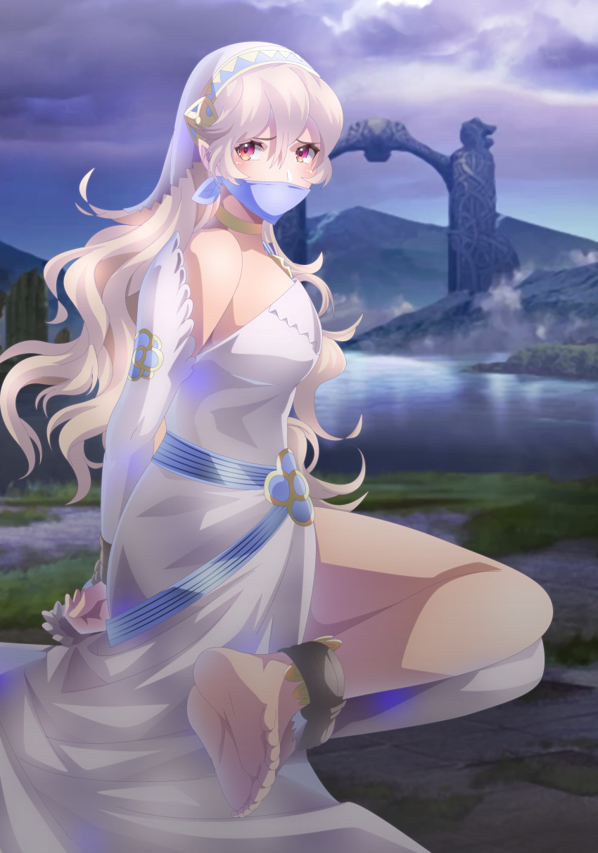 1girls alternate_costume bound bound_ankles bound_wrists breasts cloth_gag corrin_(female)_(adrift)_(fire_emblem) corrin_(female)_(fire_emblem) corrin_(fire_emblem) corrin_(fire_emblem)_(female) dress female fire_emblem fire_emblem_fates fire_emblem_heroes gag gagged improvised_gag large_breasts long_hair looking_at_viewer narutorenegado01 nintendo official_alternate_costume over_the_mouth_gag red_eyes single-shoulder_dress single_bare_shoulder solo white_dress white_hair