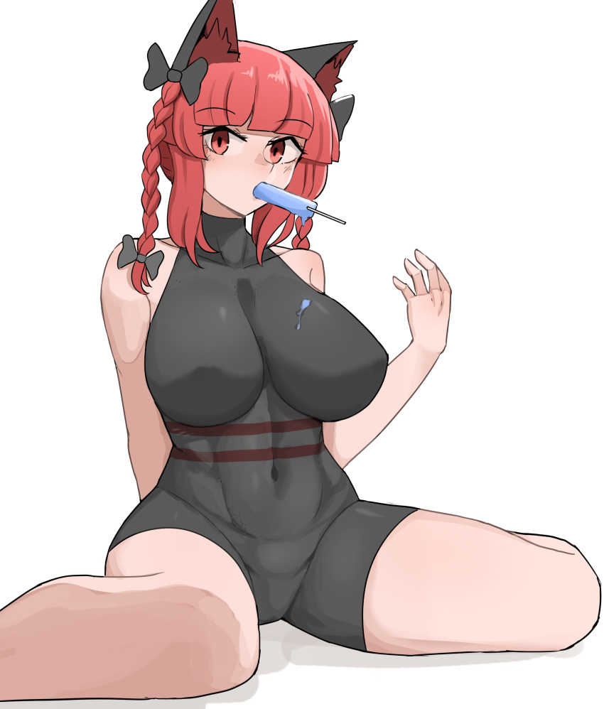 absurdres animal_ears black_bow blunt_bangs bow braid breasts cat_ears covered_navel female food hairbow hand_up highres kaenbyou_rin large_breasts mata_(matasoup) mouth_hold popsicle red_eyes red_hair rin_kaenbyou sitting solo spread_legs touhou twin_braids wariza white_background