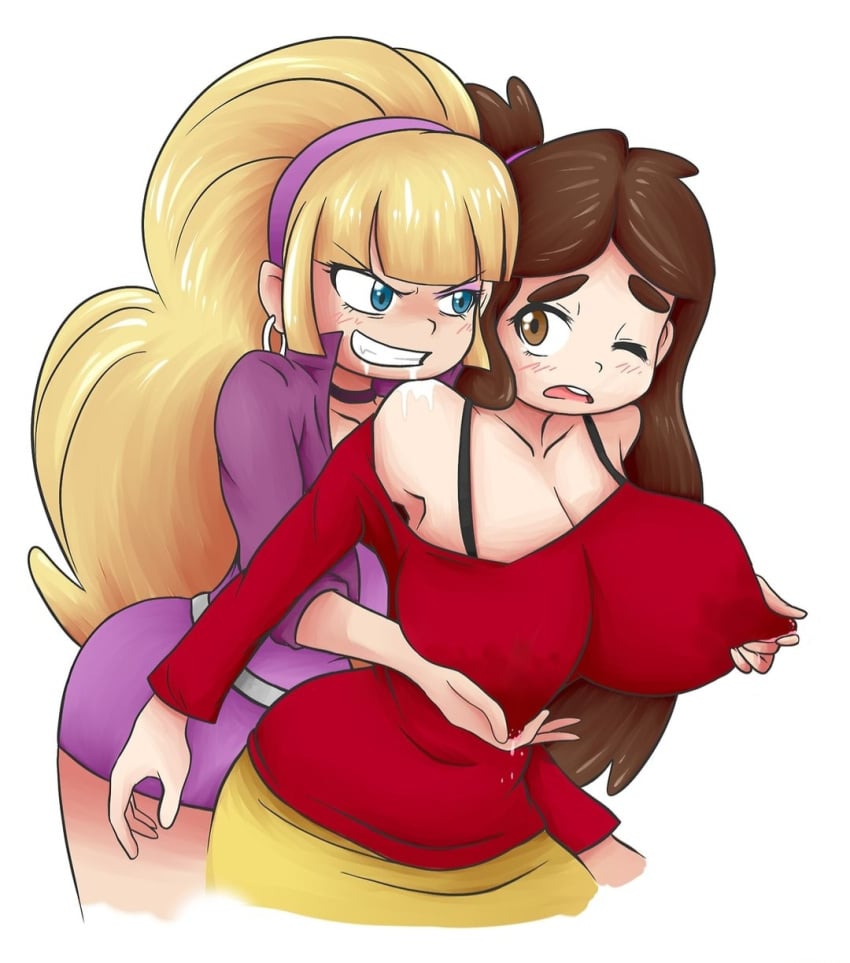 2girls aged_up blonde_hair breast_grab breast_grope brown_hair disney gravity_falls grin huge_breasts lactation lactation_through_clothes mabel_pines pacifica_northwest pale_skin pleasure_face purple_dress purple_headband red shirt soaked_clothes yellow_skirt yuri