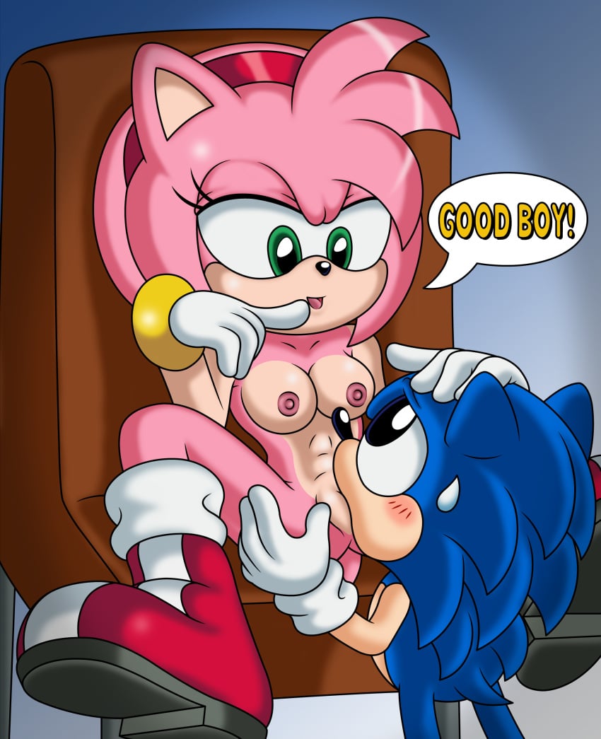 2017 abs absurd_res age_difference amy_rose anthro blush bodily_fluids boots boots_only breasts casual chair classic_sonic classic_sonic_(universe) clothing cunnilingus duo english_text eulipotyphlan exposed_torso eye_contact female footwear footwear_only furniture genitals gloves green_eyes hand_on_another's_head handwear hedgehog hi_res larger_female looking_at_another male male/female mammal mostly_nude nipples older_female oral pussy sega sex sitting size_difference small_breasts smaller_male sonic_(series) sonic_the_hedgehog sonic_the_hedgehog_(series) sonictopfan sweat text vaginal vaginal_penetration younger_male