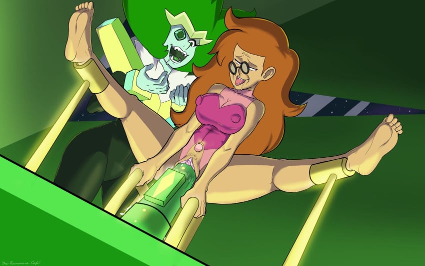 2girls cartoon_network emerald_(steven_universe) female female_only fucking_machine gaping gaping_pussy large_insertion martha_barriga milf multiple_girls nipples_visible_through_clothing sex_machine steven_universe therammerscafe tongue_out